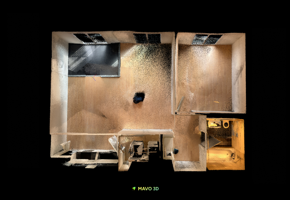 Top-down point cloud scan of an empty apartment captured with MAVO 3D.